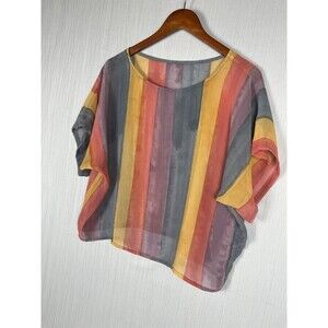 Boho Sheer Watercolor Boxy Dolman Short Sleeve Summer Art to Wear Top L